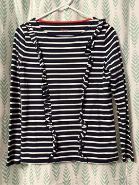 Boden Navy and White Striped Ruffle-Trim Long Sleeve Top